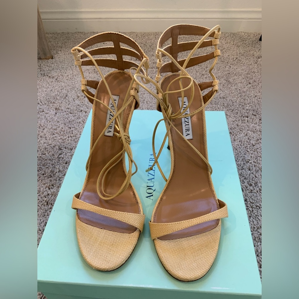 Aquazzurra Bellissima Woven Raffia Stiletto Sandals Size 9.5